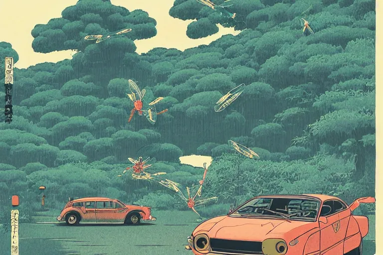 Image similar to gigantic dragonflies catch tiny cars, a lot of exotic mechas robots around, heads are all over the ground, acid and dreaming psychedelic hallucinations, risograph by kawase hasui, dirtyrobot, edward hopper, satoshi kon and moebius, colorful flat surreal design, super - detailed, a lot of tiny details, fullshot