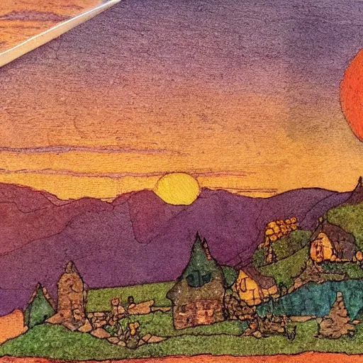 Prompt: a tilt-shift photograph of an Edmund Dulac and Ivan Bilibin inspired village scene and of a sunset and mountains. natural sunlight, golden hour. detailed, full color scheme