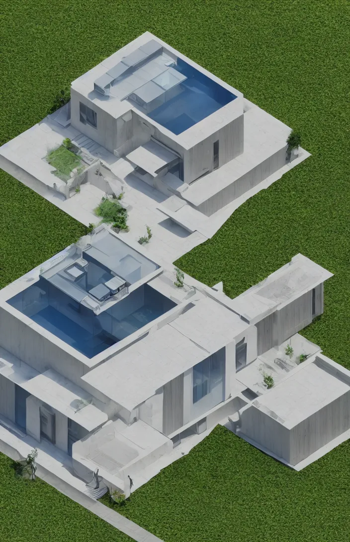 Image similar to architectural model, isometric view, 3 d render, low contrast, single building, three bedrooms house, on a slope, big windows, garage, pool, big tree