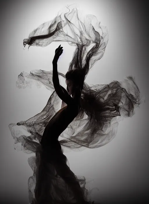 Image similar to a Photorealistic dramatic hyperrealistic render of a beautiful Female smoke dancer by Ken Brower and Deborah Ory of NYC Dance project,Lois Greenfield,Flowing cloth and smoke,Beautiful dynamic dramatic dark moody lighting,volumetric,shadows,cinematic atmosphere,Octane render,8K