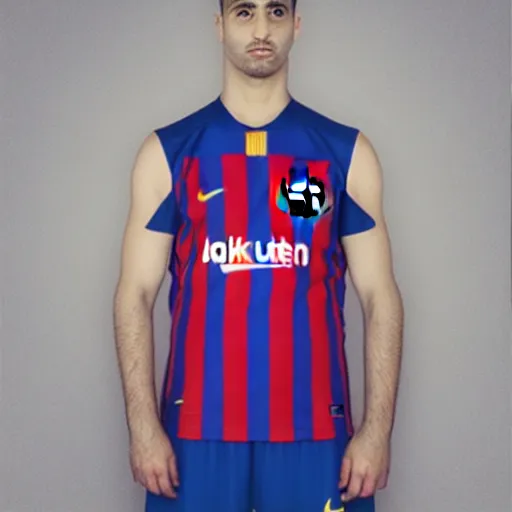 Image similar to portrait, body and torso, sadam hussain, fc barcelona, jersey number 1 0, dark blue, maroon red, photography award winning,