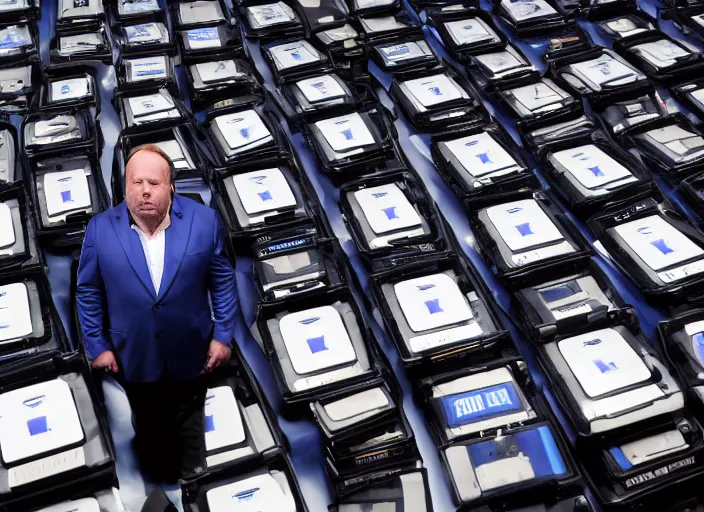 Prompt: dslr photo still of infowars host alex jones in a blue suit fat grey beard and mustache!!! sitting depressed!!! in a!!! room filled to the ceiling with iphones stacks of cell phones iphones stacks iphones filling the entire room room filled with iphones!!!, 5 2 mm f 5. 6