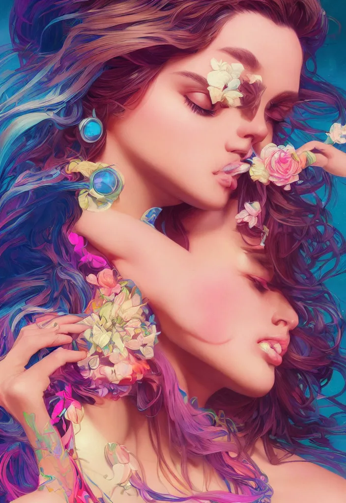 Image similar to beautiful, young woman, detailed gorgeous face, vaporwave aesthetic, synthwave, colorful, psychedelic, artstation, concept art, smooth, extremely sharp detail, finely tuned detail, ultra high definition, 8 k, unreal engine 5, ultra sharp focus, illustration, art by artgerm, greg rutkowski and alphonse mucha