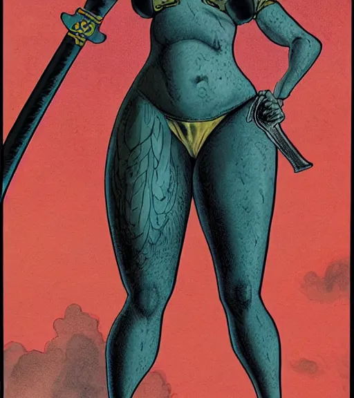 Prompt: 1 9 8 0 s fantasy novel book cover, bbw plus size amazonian young molly ringwald in extremely tight bikini armor wielding a cartoonishly large sword, exaggerated body features, dark and smoky background, low quality print