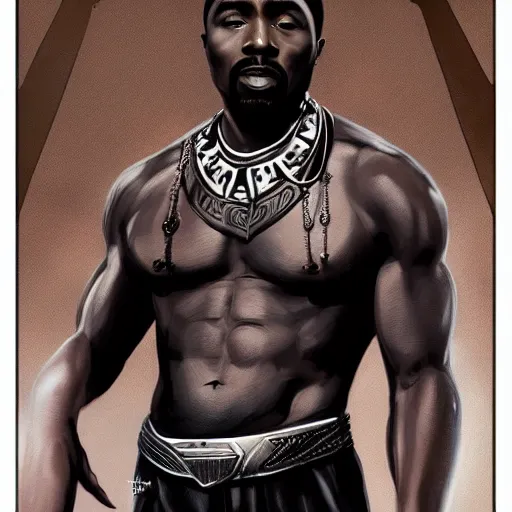 Image similar to 2 pac as black panther, tattoos, full length wide shot. aspect ratio 9 : 1 6. digital painting, extremely detailed, 4 k, intricate, brush strokes, mark arian, artgerm, bastien lecouffe - deharme