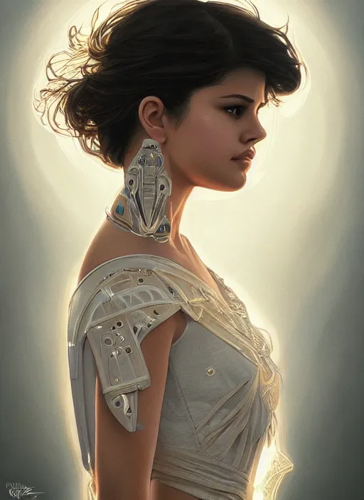 Image similar to symmetry!! selena gomez, machine parts embedded into face, intricate, elegant, highly detailed, digital painting, artstation, concept art, smooth, sharp focus, illustration, art by artgerm and greg rutkowski and alphonse mucha, 8 k