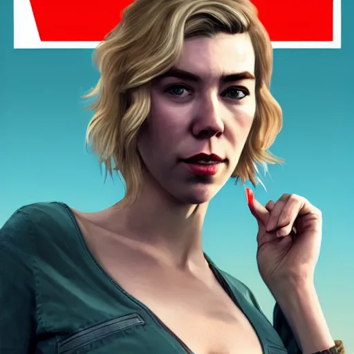 Image similar to vanessa kirby in gta v, cover art by stephen bliss, artstation, no text