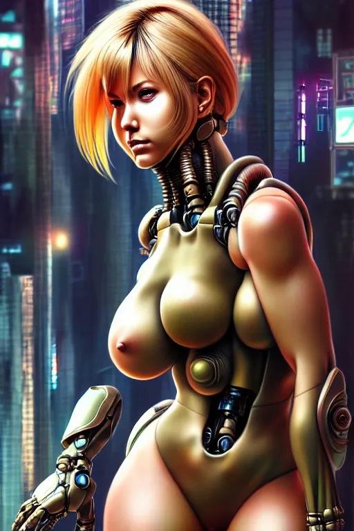 Image similar to wow! 3 / 4 stunning photorealistic portrait of samus aran in a kowloon cyberpunk cityscape, biomechanical bodysuit, oppai proportions, acid rain, dark fantasy by artgerm and clay mann and sorayama and alphonse mucha, very realistic, hyperdetailed, trending on artstation, octane render