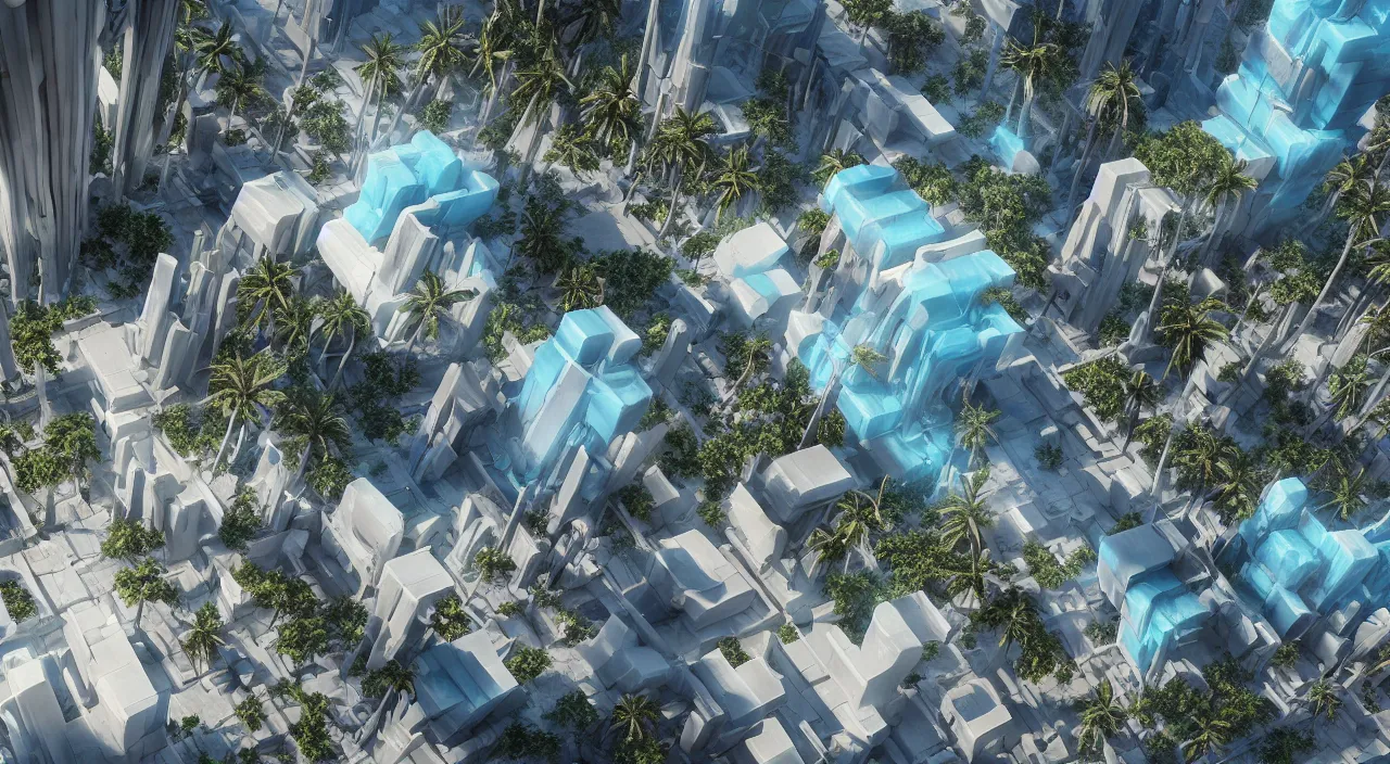 Image similar to a matte painting of high - tech floating city earthquake, concept art, gravels around, coconut palms, weightlessness, reverse, by oksana dobrovolska, vicotr hugo harmatiuk, joon ahn, yang qi, romain jouandeau, quy ho, karol bak, beeple, 4 k, unreal engine, vray render, artstation