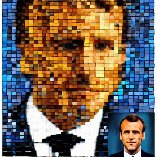 Image similar to portrait mosaic of Emmanuel macron with animal ears, 4k, intricate details, digital, sun in the background