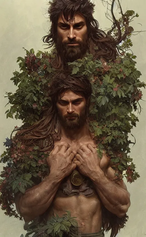 Image similar to god of the forest, 3 0 years old, rugged handsome, male, gorgeous, detailed face, clean lines, cinematic light, amazing, full body, flowers, muscular, intricate, highly detailed, digital painting, artstation, concept art, sharp focus, illustration, art by greg rutkowski and alphonse mucha