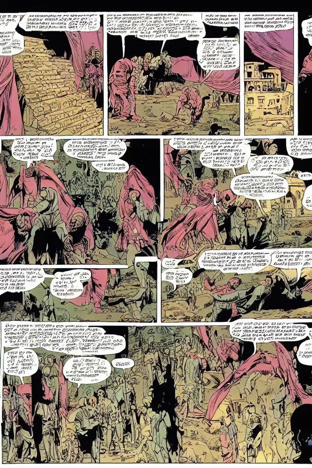 Prompt: comicpage with panels and speech balloon by Moebius showing the fall of the city of Babylon