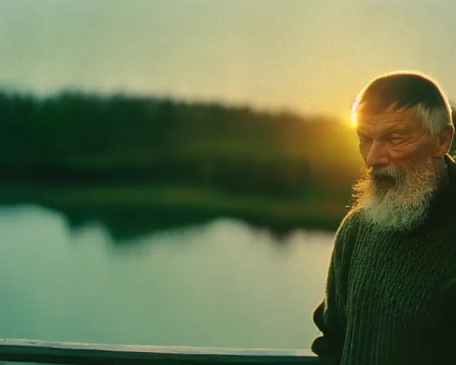 Image similar to award - winning lomographic tarkovsky film still of 4 0 years russian man with beard and sweater standing on small hrushevka 9 th floor balcony in taiga looking at sunset, kodak ektar, bokeh