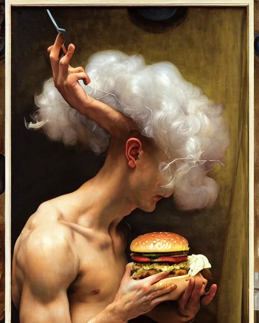 Prompt: saturn devouring his big mac, by edgar maxence and caravaggio and michael whelan, intricate painting, hyper realistic, extremely detailed and beautiful aesthetic face, 8 k resolution