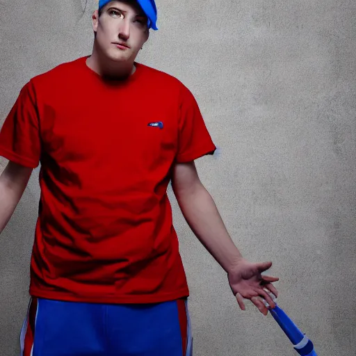 Image similar to a full body shot of an average white, short young - adult man with blue dyed hair, wearing a red backwards cap, white t - shirt with a red no symbol on it, blue long pants and red shoes, holding a microphone, studio lighting, photoshoot, grey background