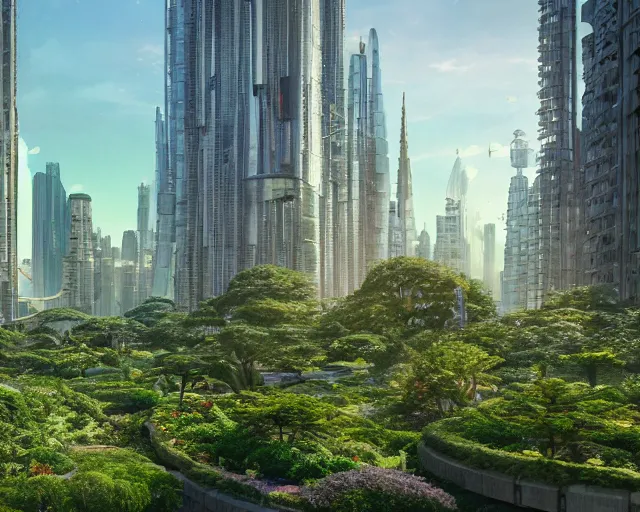 Prompt: a wholesome animation key shot of a giant futuristic garden skyscrapers with gardens on them, wide shot, architecture, studio Ghibli, Pixar and Disney animation, sharp, very detailed, high resolution, by Raphael LaCoste and Ruan Jia and Robert McCall, postcyberpunk, geodesic, hyperdetailed, sunrise, wide shot, autochrome, octane render, inspired by Hayao Miyazaki, anime key art by Greg Rutkowski, Bloom, dramatic lighting