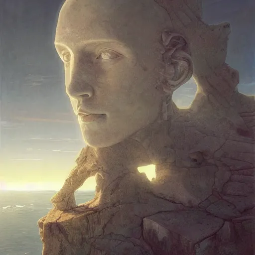 Image similar to David Friedrich, scifi landscape, hyperrealistic surrealism, award winning masterpiece with incredible details, epic stunning, infinity pool, a surreal vaporwave liminal space, highly detailed, trending on ArtStation, artgerm and greg rutkowski and alphonse mucha, daily deviation, IAMAG, broken giant marble head statue ruins, golden hour