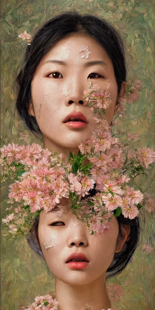 Image similar to very beautiful highly detailed and expressive oil painting of an asian woman's face dissolving into petals and flowers by james jean, masterpiece, dynamic lighting, intricate linework, 8 k, flowers