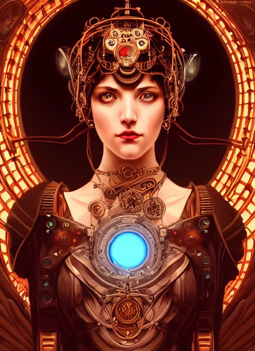 Image similar to the goddess athena smirking, steampunk, glowing eyes, volumetric lights, red and cyan theme, art nouveau botanicals, intricate, highly detailed, digital painting, artstation, concept art, smooth, sharp focus, cinematic, illustration, beautiful face, art by artgerm and greg rutkowski and alphonse mucha