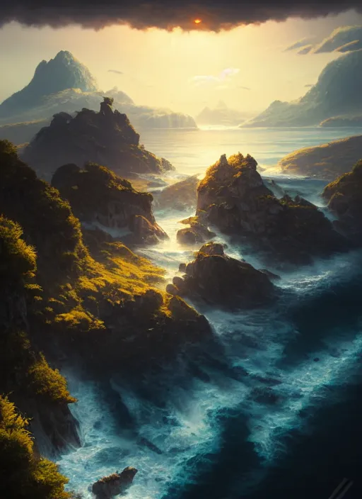 Image similar to nature landscape, aerial view, drone photography, cinematic, mountains and ocean, cinematic view, epic sky, detailed, concept art, low angle, high detail, warm lighting, volumetric, godrays, vivid, beautiful, trending on artstation, by jordan grimmer, huge scene, art greg rutkowski