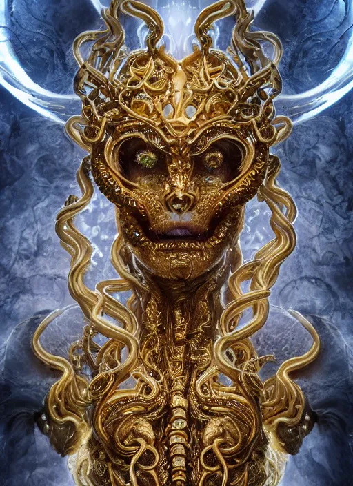 Prompt: a photo of 8 k ultra realistic angry corrupted lovecraftian royal golden humanoid queen, 8 intricate white and gold tentacles, face enhance, ornate white and gold armour, cinematic lighting, trending on artstation, 4 k, hyperrealistic, focused, extreme details, unreal engine 5, cinematic, masterpiece