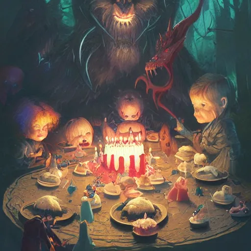 Prompt: the satanic birthday party. cute. detailed digital art by greg rutkowski, thomas kinkade and keith parkinson, artstation, cgsociety, 8 k, hd