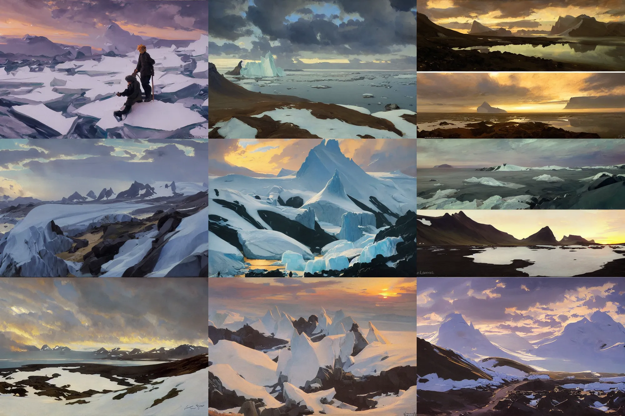 Prompt: painting by sargent leyendecker and gurney, rhads, vasnetsov, savrasov levitan polenov, middle ages, sunset sinrise, above the layered low clouds travel path road to sea bay view photo of greenland and iceland glacier and icebergs overcast sharpen details darkest night black sky