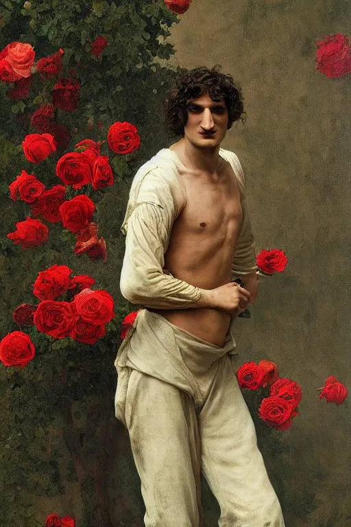 Image similar to body portrait of actor louis garrel posing as a matador in a garden of roses, colour painting by normal rockwell, guidi prime background by carl spitzweg