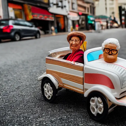 Image similar to elderly woman as a toy car, canon eos r 3, f / 1. 4, iso 2 0 0, 1 / 1 6 0 s, 8 k, raw, unedited, symmetrical balance, wide angle