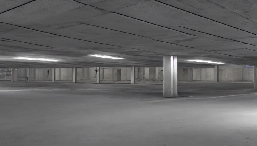 Prompt: brutalism, underground city carpark, lighting with lensflares, photorealistic 8 k