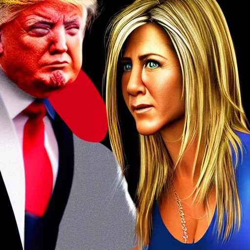 Image similar to photorealistic jennifer aniston punching donald trump. hyperdetailed photorealism, 1 0 8 megapixels, amazing depth, high resolution, 3 d shading, 3 d finalrender, 3 d cinematic lighting, glowing rich colors, psychedelic overtones, artstation concept art.