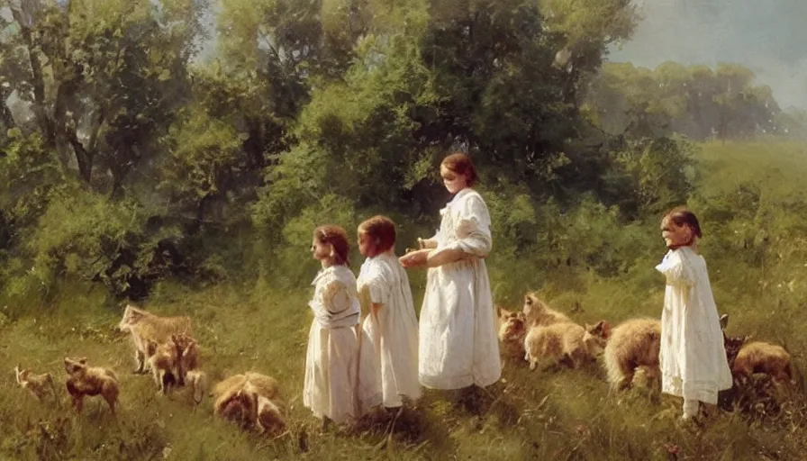 Image similar to simple villager shepherd and children with flocks of cats in open fields, art by anders zorn, wonderful masterpiece by greg rutkowski, beautiful cinematic light, american romanticism thomas lawrence, greg rutkowski