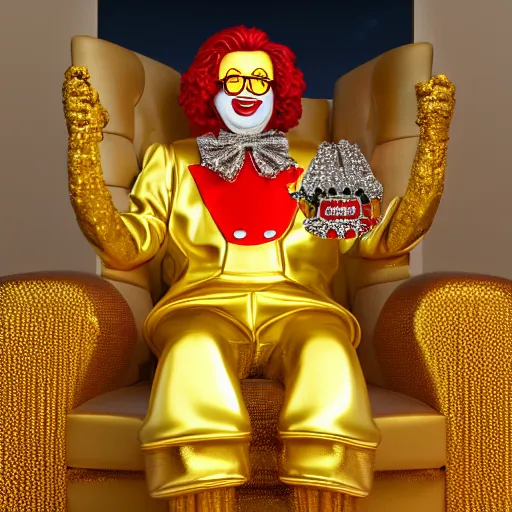 Image similar to A still of Ronald McDonald surrounded by gold and diamonds, Award-winning, photograph, 3d render, unreal engine, 4k detailed