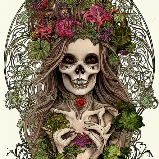 Prompt: detailed rotten woman skull corpse with fractal plants and fractal flowers and mushrooms growing around, symmetrical, ornate, ornamentation, illustration, in the style of art nouveau, mucha