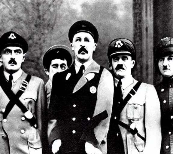 Prompt: Adolph Hitler posing with the Beatles for a photo