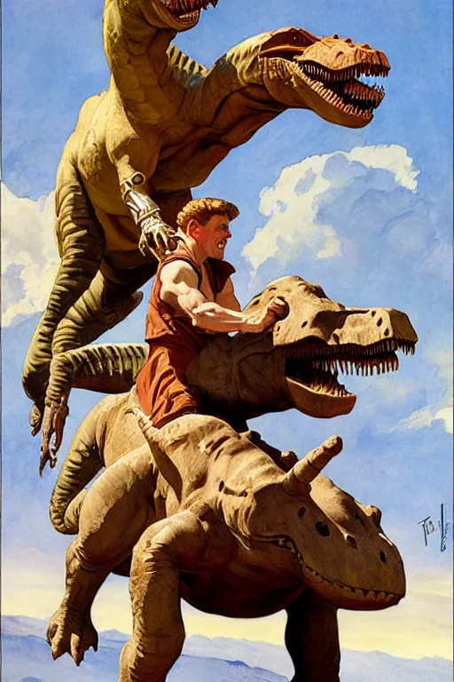 Prompt: strong man riding a dinosaur, by j. c. leyendecker, james gurney