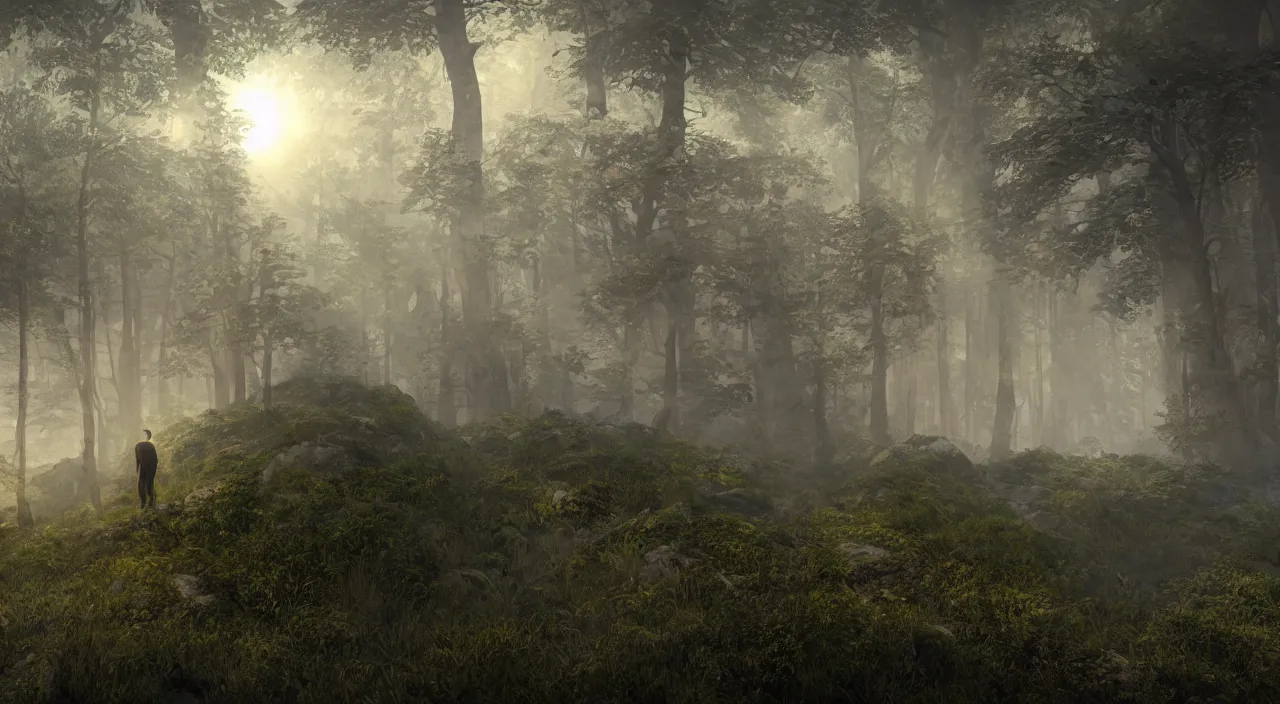 Prompt: photorealistic matte painting of me burns standing far in misty overgrowth undergrowth jagged rock features volumetric fog light rays high contrast dawn