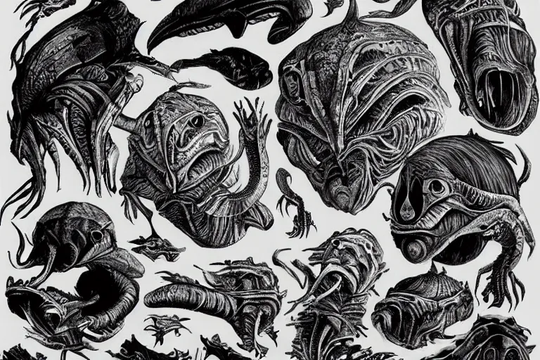 Image similar to several alien sea creature designs, silhouettes, drawings, creepy, mysterious, full page