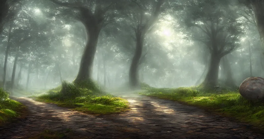 Prompt: road in a forest, giant mushrooms, morning light, mist, highly detailed, fantasy art, myst engine