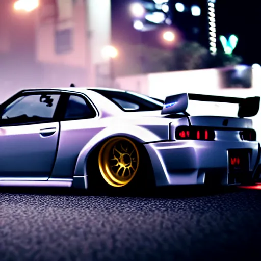 Prompt: a car GTR twin turbo drift at illegal car meet, Shibuya prefecture, city midnight mist lights, cinematic lighting, photorealistic, highly detailed wheels, high detail