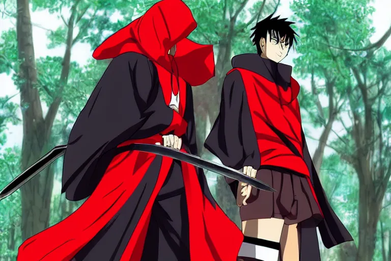 Prompt: a twin blade muscular swordsman, red and black cape and hoodie, scary, intimidating, worn out clothes, torn clothes, as a manga by Masashi Kishimoto