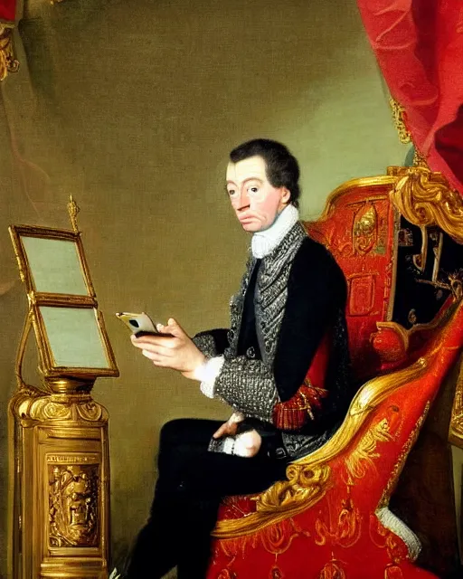 Prompt: 1 7 0 0 s painting of the king of england checking his twitter feed on his cellphone while sitting on his throne gold crown