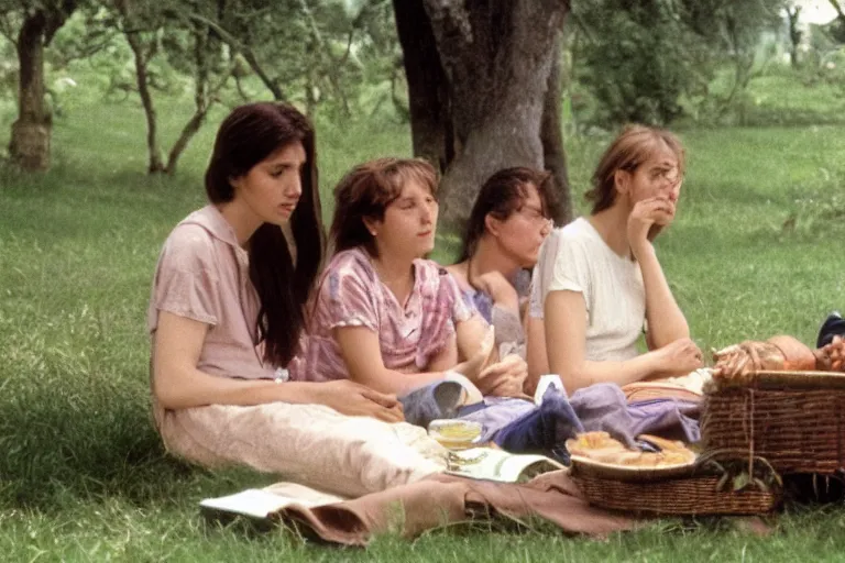 Image similar to An Utopia : A family composed of two women from different etnicity and a genderless child, are having a Picnic and reading philosophy by Eric Rohmer, close-up, 8K, award winning movie, 16mm, very beautiful, stunning, calm atmosphere, warm