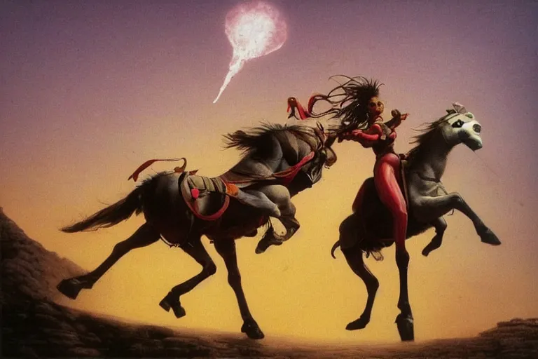 Prompt: revolutionary girl utena riding a donkey in the style of Tekken 4, beksinski