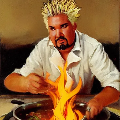 Prompt: painting of guy fieri cooking over hot flames by sargent and leyendecker