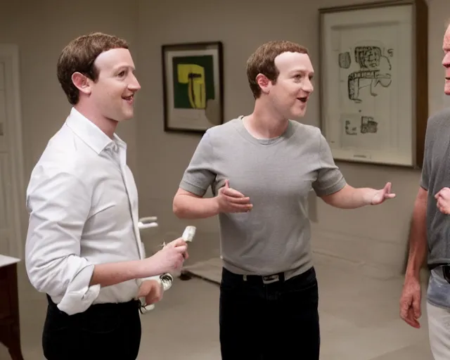 Prompt: mark zuckerberg and jack nicholson play termiantor, scene where their endoskelet gets exposet