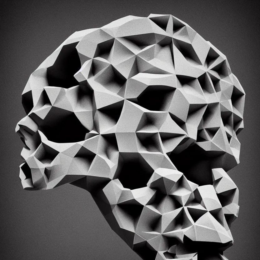 Prompt: black and white light 3D geometry, large skull, matte bright highly detailed, poetic, 3D render, digital art, octane render, 8K artistic photography, photo-realistic, by Dora Maar