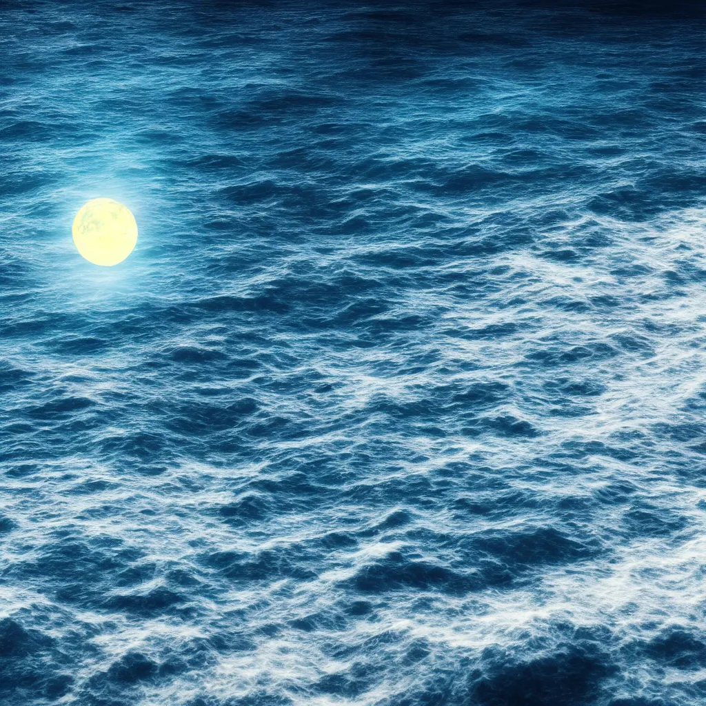 Image similar to photorealistic photograph of the ocean surface inside the sky highlighting the moon, vivid colors, moody, 4k