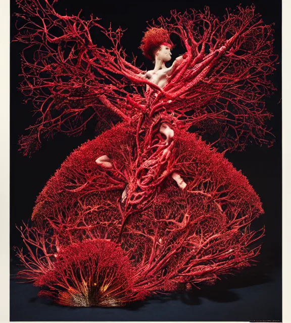 Image similar to still frame from Prometheus, gaia covered in crimson filament sowing in blosoming mycelium gardens, dressed by Neri Oxman and alexander mcqueen, metal couture haute couture editorial by utagawa kuniyoshi by giger