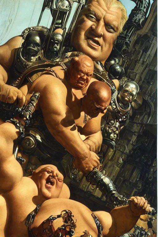 Image similar to movie still of huge hulking kenneth mcmillan as baron vladimir harkonnen wearing leather garments with muscular arms, simple background, dynamic pose, painted by jack kirby, lawrence alma tadema, norman rockwell, greg staples, wayne barlow, neville page, dune 1 9 8 2, artstation creature art, superhero